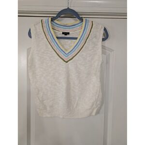 Talbots Women's Cream V-Neck Sleeveless Sweater‎ Vest Size XS Striped Trim